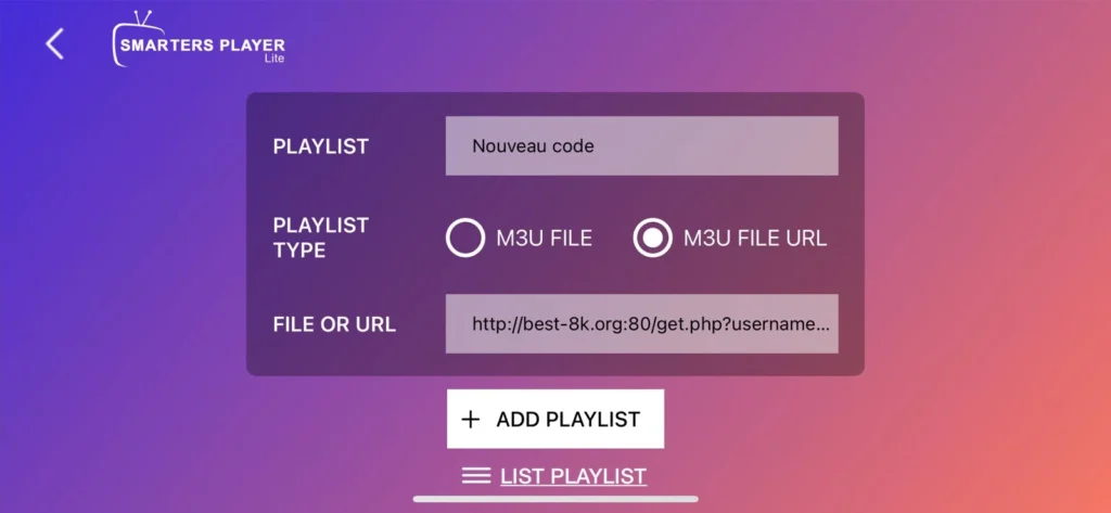 ajouter nouveau code IPTV (M3U ou Xtream)